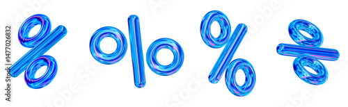 3d neon, holographic percent signs discount with different angles. Voucher gift. Stock vector illustration on isolated background.