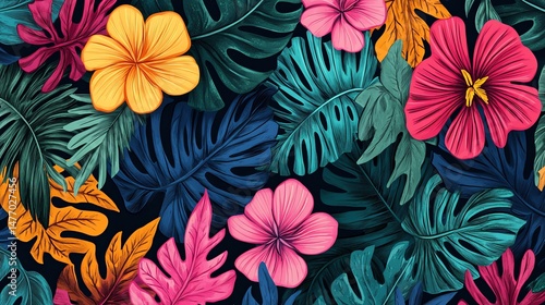 A vibrant, seamless pattern showcases intricately drawn tropical leaves and flowers in a lush, verdant design.