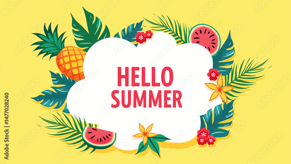 Naklejka premium Colorful summer illustration with tropical fruits, palm leaves, and the phrase 