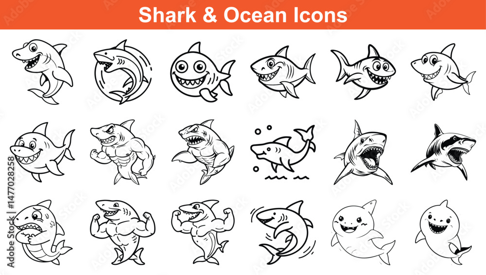Black Line Art Collection Playful and Powerful Sharks in Various Poses and Styles Black Line Art Collection Playful and Powerful Sharks in Various Poses and Styles
