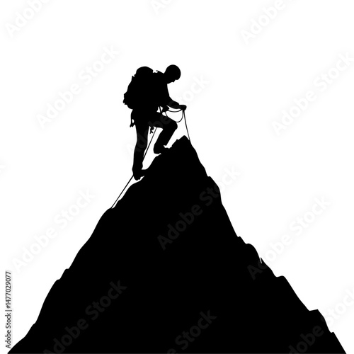 Silhouette of a mountaineer ascending a sharp peak with rope.


