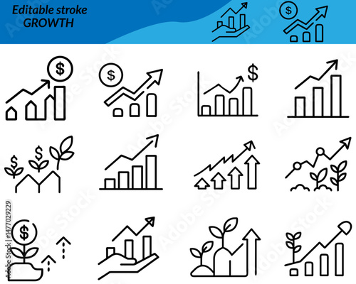 A Growth icon set with icons featuring arrows, plants, graphs, coins, progress bars, and success symbols—ideal for business, finance, personal development, and marketing projects.