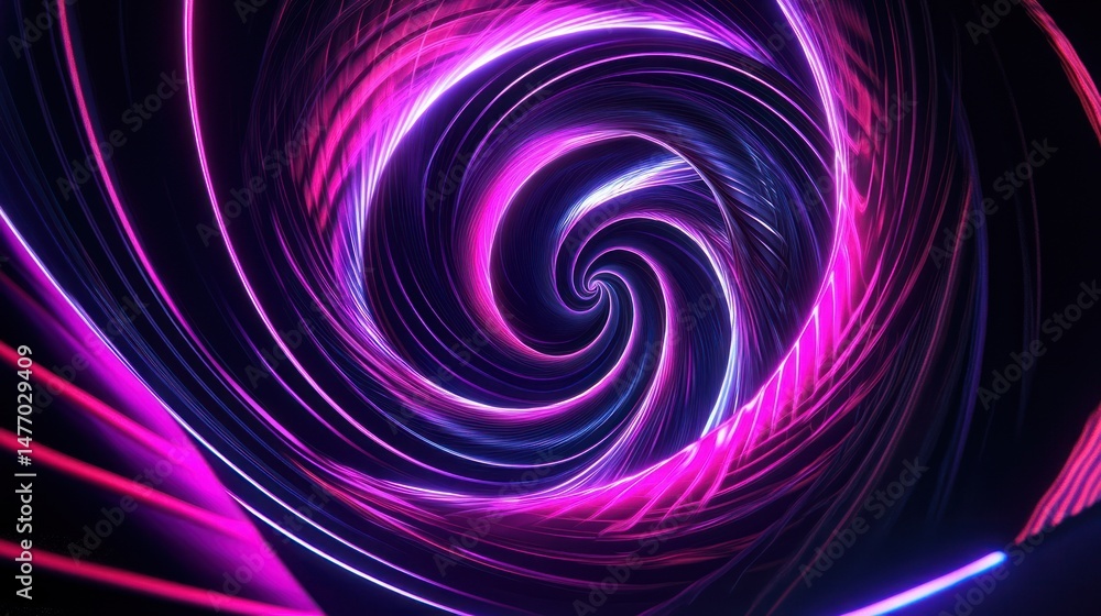 A spiraling tunnel with bright pink and purple neon lights A spiraling tunnel with bright pink and purple neon lights