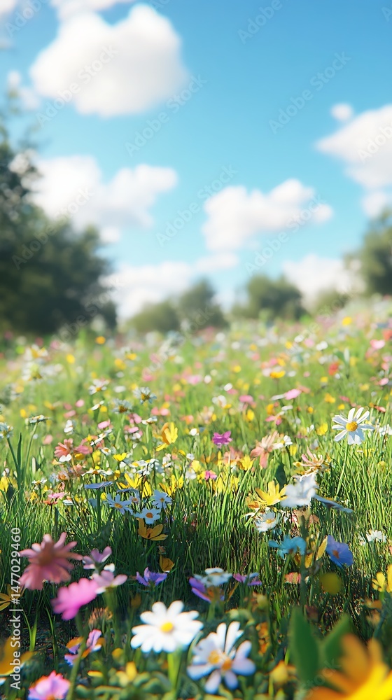 Fototapeta premium Vibrant wildflower meadow blooming under clear blue sky