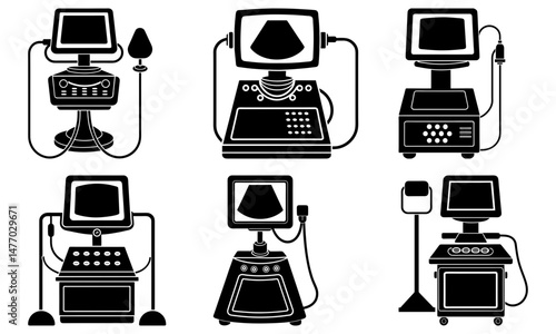 Illustration of six ultrasound machines in black and white medical diagnostic equipment vector art