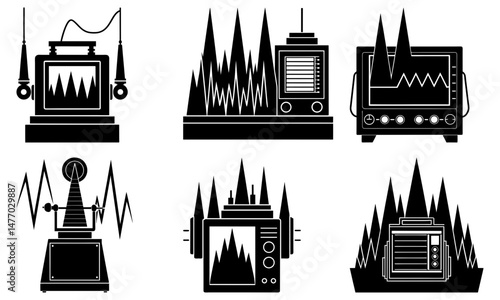 Collection of six black and white science laboratory machines with jagged line displays and knobs and wires