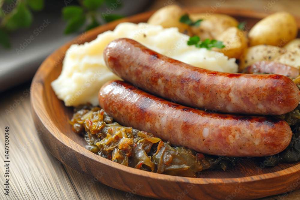 Bavarian sausages with stewed cabbage and mashed potatoes on a traditional wooden plate Bavarian sausages with stewed cabbage and mashed potatoes on a traditional wooden plate