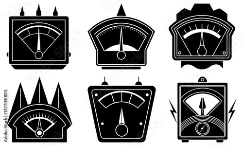 Illustration of six different black and white analog meters with needles pointing to various levels of measurement