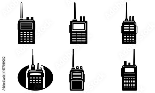 Six black walkie talkie devices with antennas in various designs and styles on a white background.