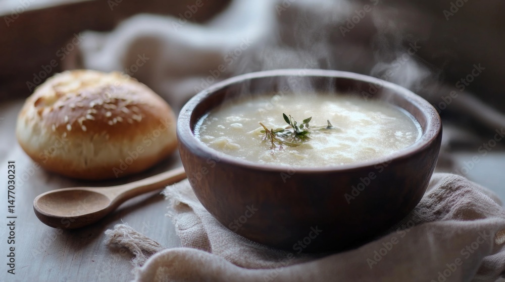 A bowl of hot soup served with a freshly baked roll, with steam rising from the soup and a rustic wooden spoon beside it A bowl of hot soup served with a freshly baked roll, with steam rising from the soup and a rustic wooden spoon beside it