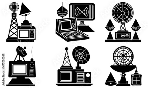 Illustration of various communication and radar systems in black and white silhouette style imagery