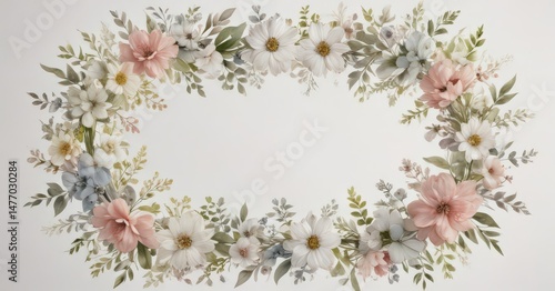Delicate watercolor floral wreath; soft petal patterns, botanical, spring, white background, background, art