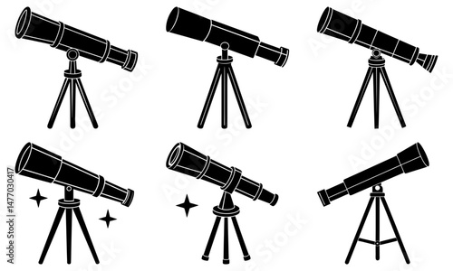 Illustration of six black telescopes on tripods in various styles and orientations on a white background