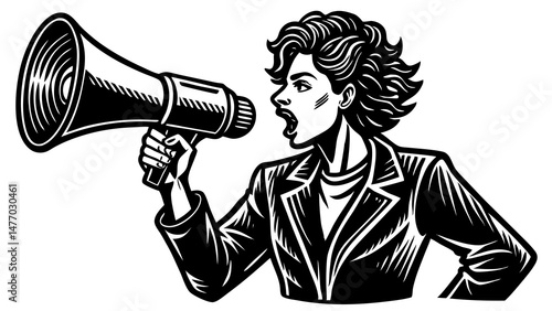 Young person shouting into megaphone in protest for Pride Month  