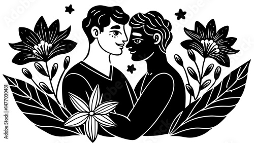 Two men embracing surrounded by flowers in a celebration of Pride Month  