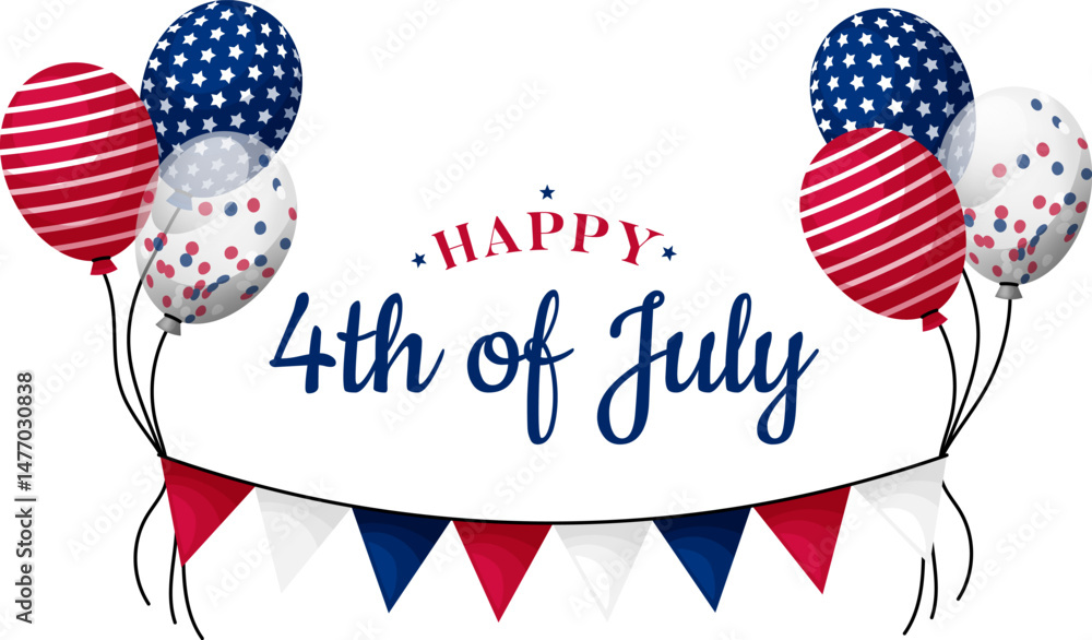 Obraz premium Happy 4th of july USA greeting lettering, balloon garland with bunting isolated