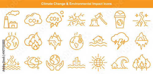 Climate Change Impact Icon Set Global Warming, Pollution, Deforestation, and Natural Disasters