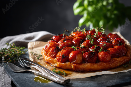 Vegan tomato tarte tatin with caramelized cherry