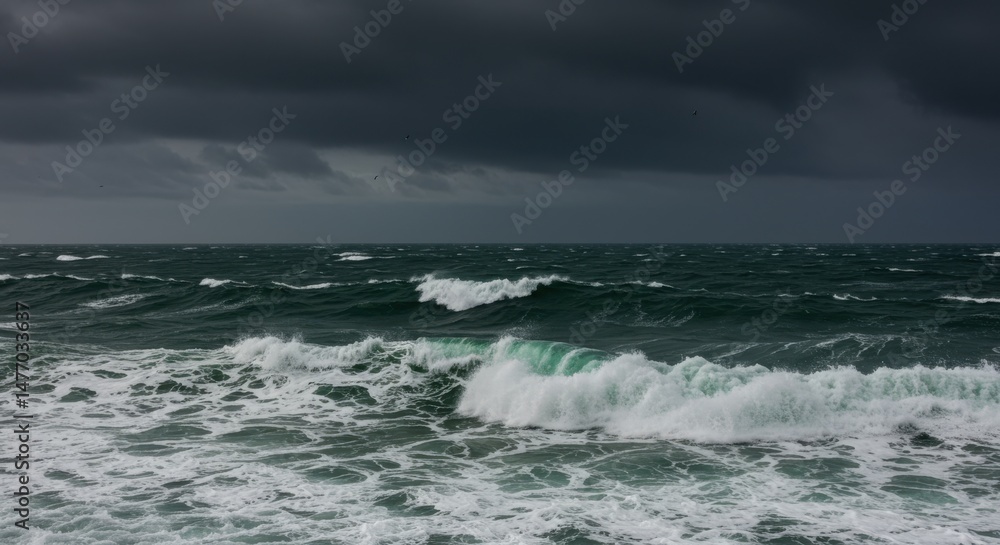 Fototapeta premium Turbulent ocean waves representing nature's power and dramatic weather, with overcast sky