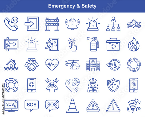 Collection of Emergency and Safety Icons Depicting Various Scenarios and Equipment Outlined
