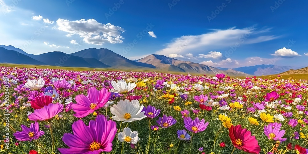 Obraz premium A vibrant flower field with pink, purple, yellow blooms stretching toward distant mountains under a clear blue sky.