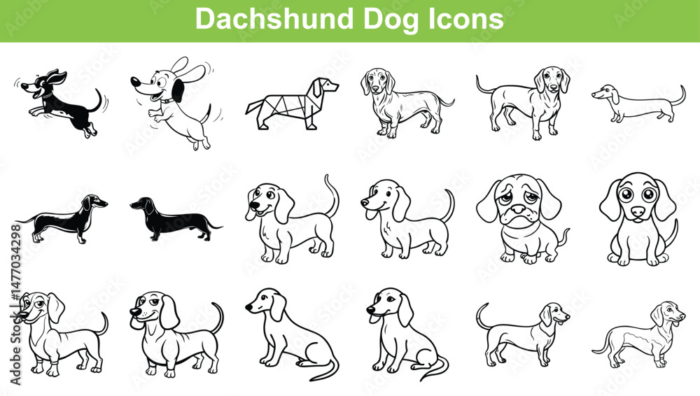 Obraz premium Collection of Fun Cartoon Dachshund Dog Illustrations and Icons in Different Poses