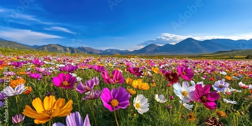 A vibrant flower field with pink, purple, yellow blooms stretching toward distant mountains under a clear blue sky.
