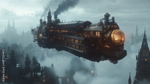 Floating Steampunk Train Cityscape