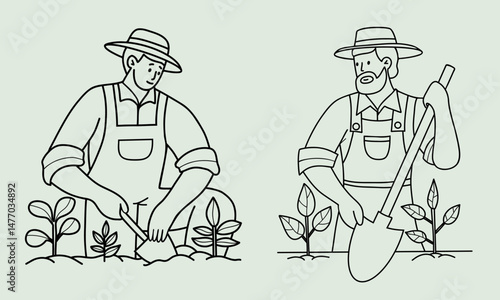 Male Gardeners Working work in garden with seedlings and plants. Two Man Farmer with Shovel. Isolated Outline Line hand drawing. Vector illustration