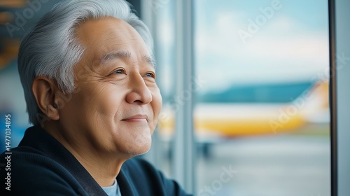 Smiling senior man gazes out of the window at an airport, reflecting on travel memories.