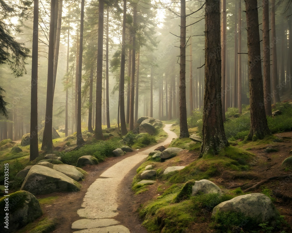Obraz premium A scenic hiking trail through a misty forest with tall trees and rocks
