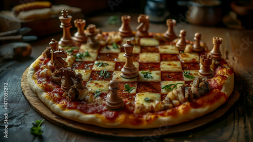 Creative culinary concept of chess game played with pizza and wooden chess pieces