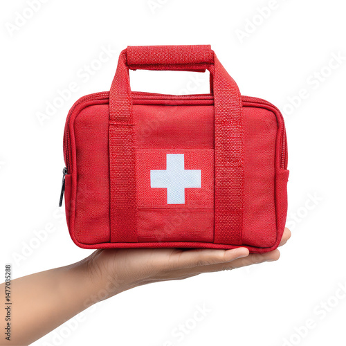 Title: Female Hand Holding Red First Aid Medical Kit Bag on Transparent Background


