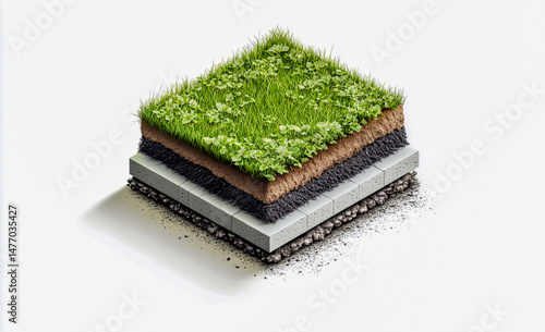 Cross section illustration of a green roof showcasing layers of components and building materials