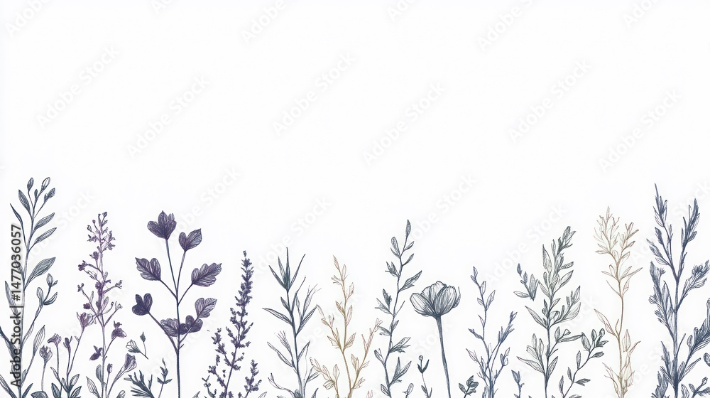 Fototapeta premium Drawn illustration featuring various types of wild grasses and flowers