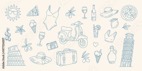A blue and white drawing of various items including a scooter, a bottle of wine, a pizza, a hat, a suitcase, and a bottle of water