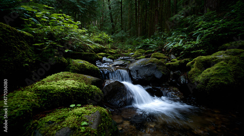 Serene Waterfall Flowing Over Rocks in a Lush Green Forest Scene
