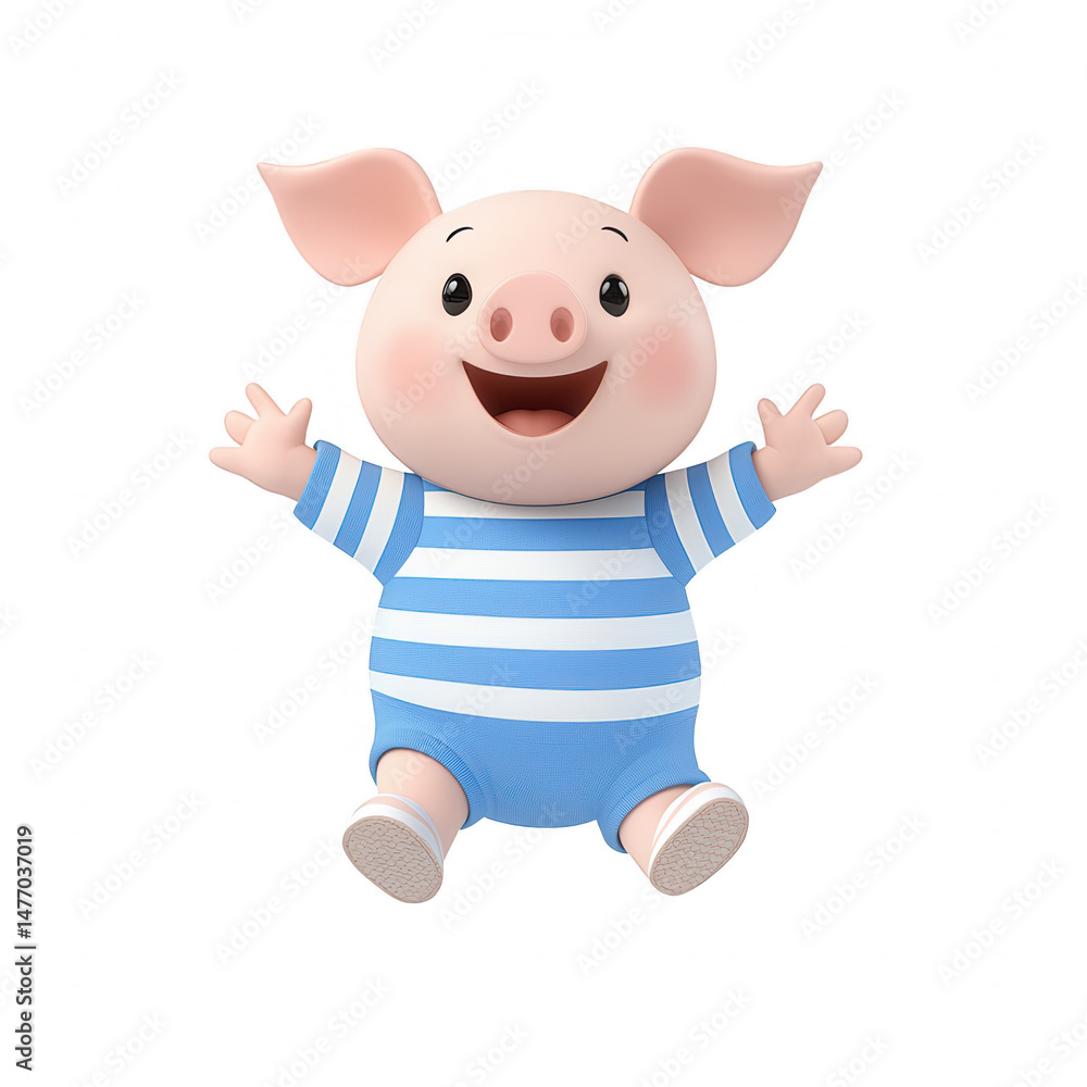 Obraz premium A cheerful cartoon pig character with big ears, wearing a striped blue outfit, smiling and waving joyfully against a white isolated background.