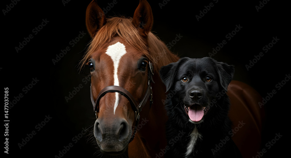 Fototapeta premium Unlikely Friends Horse and Dog Portrait Studio Photography Dark Background Animal Companionship