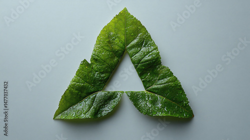 Green leaves arranged in triangle formation on a light background