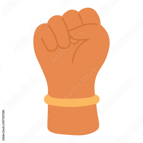 Flat cartoon hand with raised fist and bracelet, symbol of power, unity and resistance.