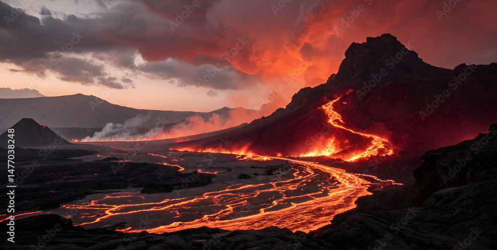 Fototapeta premium Erupting volcano lava flow iceland pixel art landscape natural disaster aerial view fiery colors
