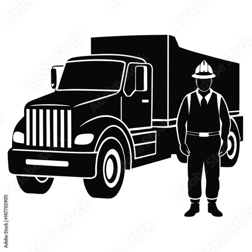 Construction worker element isolated heavy-duty truck on white background