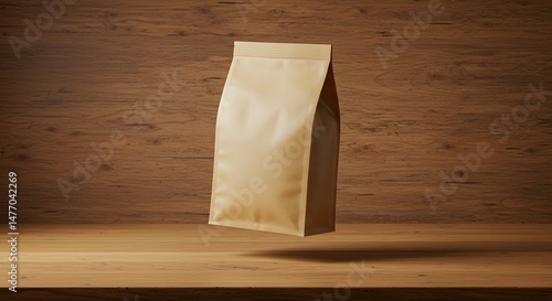 Floating beige paper packaging product against wood background for mockup