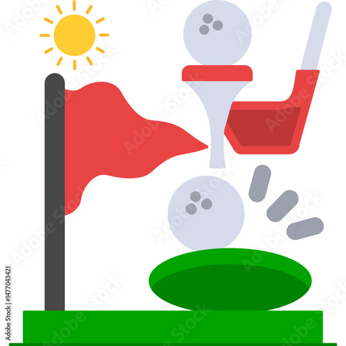 Golf Tee Icon � Club, Ball, Course Flag, Outdoor Sport