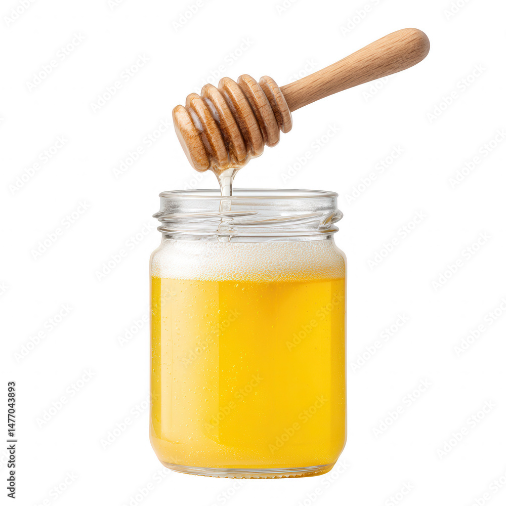 A jar of golden honey with a wooden dipper, showcasing its natural sweetness against a white isolated background. A jar of golden honey with a wooden dipper, showcasing its natural sweetness against a white isolated background.