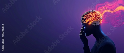 Silhouette of a person with a glowing brain and bright swirls on a purple backdrop