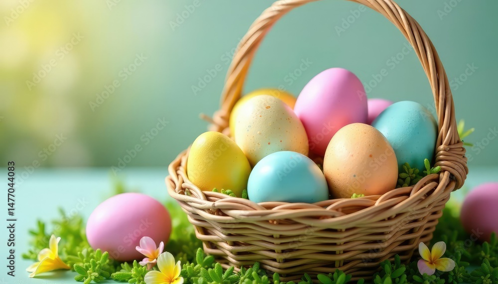 Vibrant pastel-colored Easter eggs in a basket Perfect for spring and holiday themes , vibrant, texture Vibrant pastel-colored Easter eggs in a basket Perfect for spring and holiday themes , vibrant, texture
