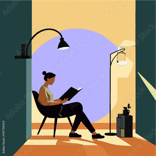 Cozy_Reading_Nook_Illustration_Woman_Reading_a_Book_in_a_Comfortable_Chair_under_a_Warm_Lamp_Relaxing_Evening_Scene_Indoor_Lifestyle_Reading_Time_Hobby_Leisure_Activity