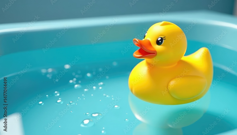 Yellow rubber duck floating in a blue bathtub, water droplets visible , bath time, childhood, water toy Yellow rubber duck floating in a blue bathtub, water droplets visible , bath time, childhood, water toy
